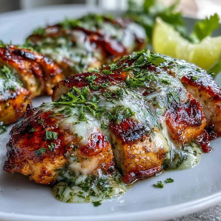 Zesty Grilled Salsa Verde Pepper Jack Chicken served with charred marks and vibrant salsa verde drizzle.