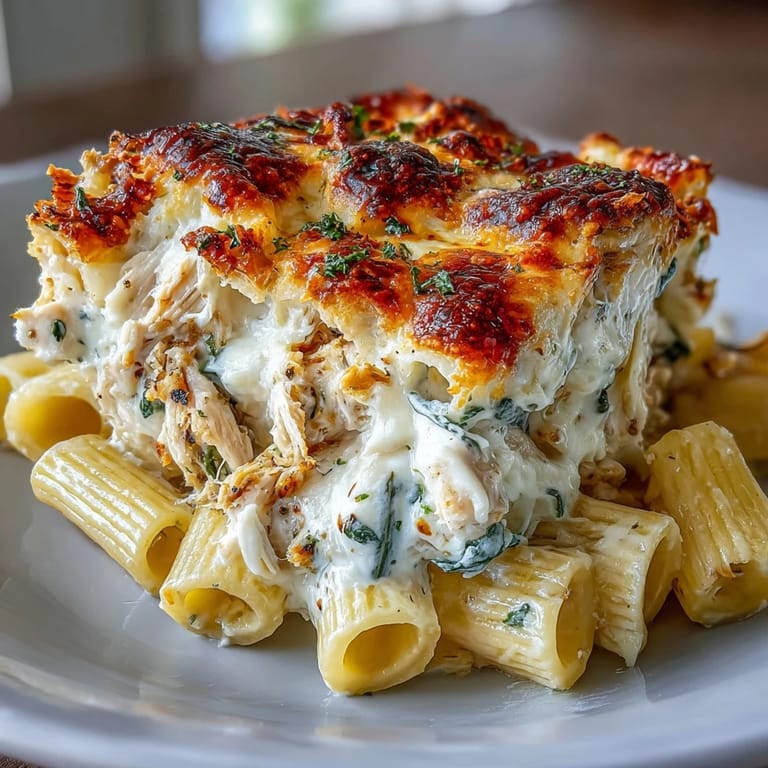 Creamy Greek Yogurt Chicken Alfredo Bake with tender penne pasta, shredded rotisserie chicken, and melted mozzarella cheese ready to serve.