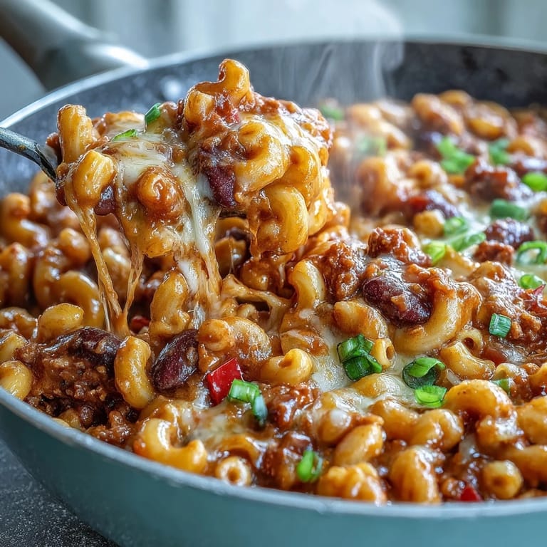 Steam rises from a vibrant skillet of One-Pot Tex-Mex Chili Mac with Corn featuring black beans and corn.