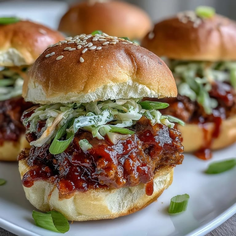 A plate of Korean Turkey Sloppy Joe Sliders garnished with sesame seeds and served with sweet potato fries.