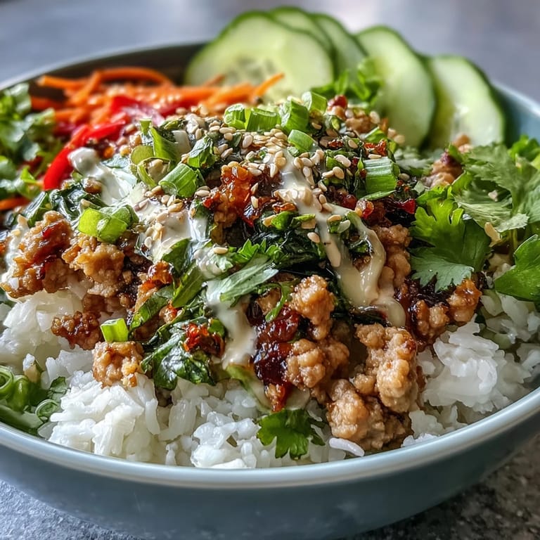 Brightly colored Spicy Bang Bang Turkey Rice Bowls feature seasoned ground turkey, crunchy vegetables, and a creamy, spicy sauce drizzled on top.
