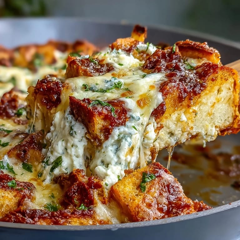 Cheesy Garlic Bread Lasagna Skillet served in skillet with fresh parsley, marinara sauce, and ricotta.