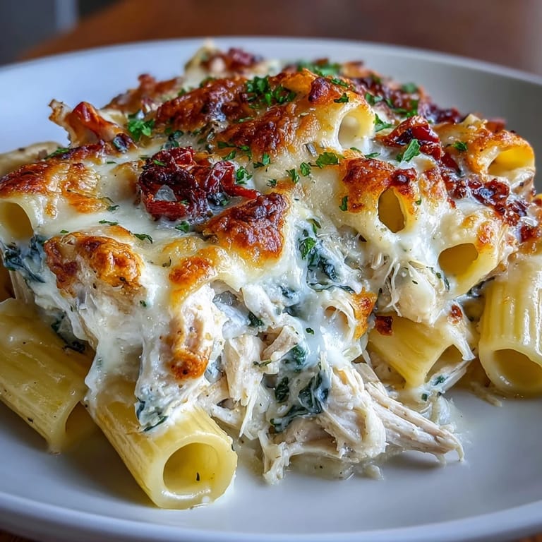 Steam rising from a slice of Greek Yogurt Chicken Alfredo Bake, revealing tender pasta, shredded chicken, and a rich sauce.