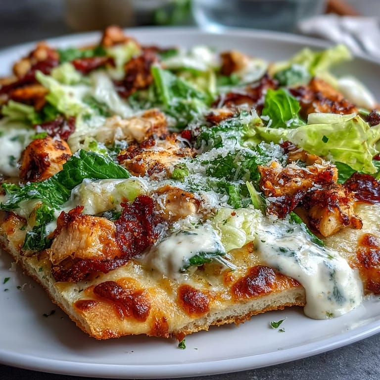 Sliced Garlic Naan Chicken Caesar Pizzas on a wooden board showcase melted mozzarella and juicy, Caesar-dressed chicken.