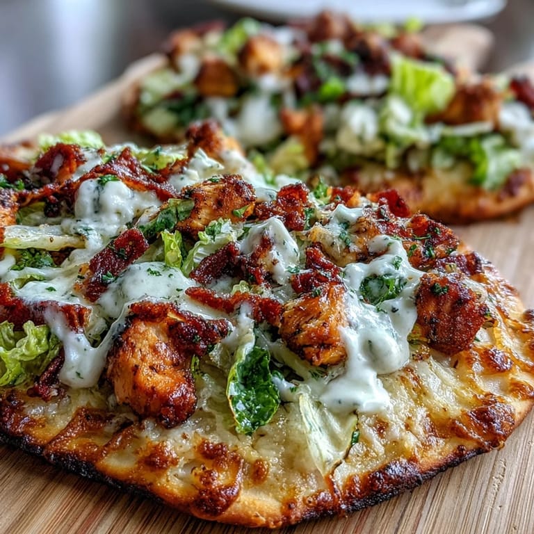 Plated Garlic Naan Chicken Caesar Pizzas feature a generous handful of fresh greens and a zesty dressing drizzle.
