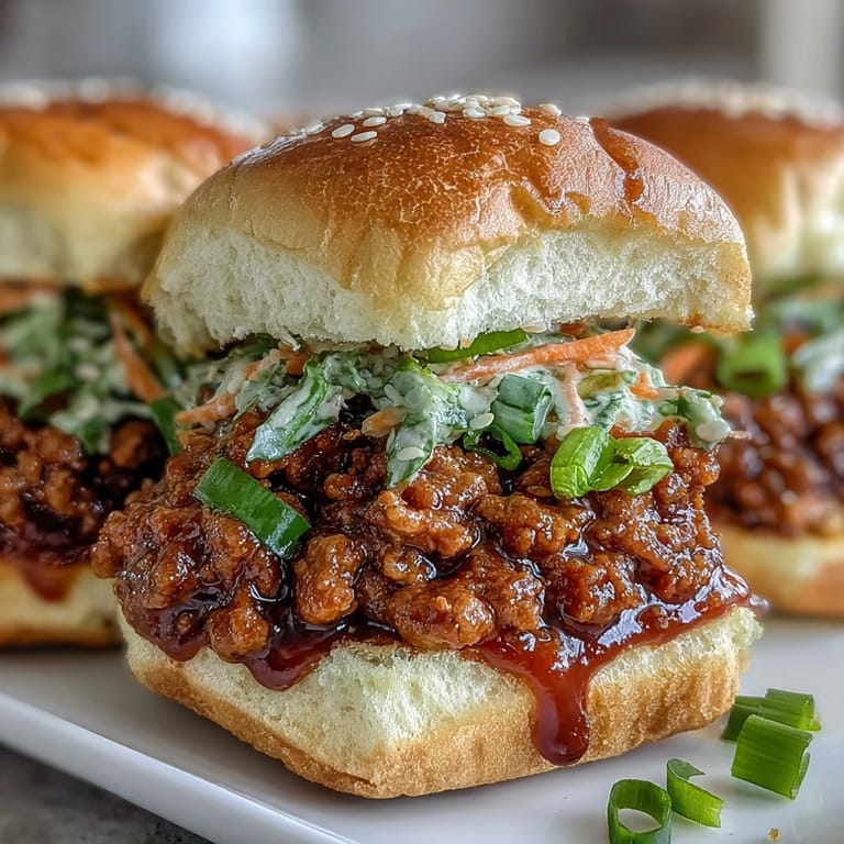 Golden brown ground turkey mixture simmers in a skillet for these flavorful Korean Turkey Sloppy Joe Sliders.