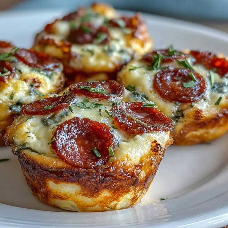 A close-up of High-Protein Pepperoni Breakfast Cups reveals bubbly cheese and pepperoni on a plate with pizza sauce for dipping.