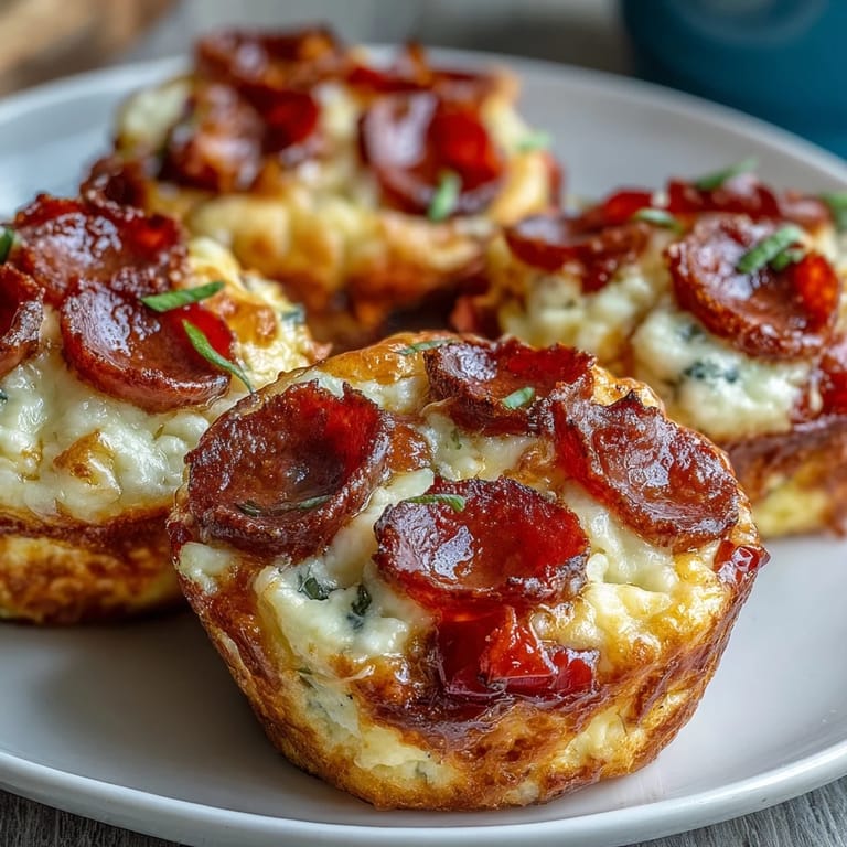 Freshly baked High-Protein Pepperoni Breakfast Cups topped with Parmesan and herbs, served warm on a rustic wooden board.