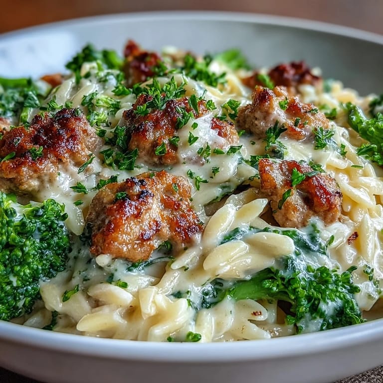 A close-up shows saucy orzo with tender turkey, bright green broccoli florets, and a rich garlic cream sauce.