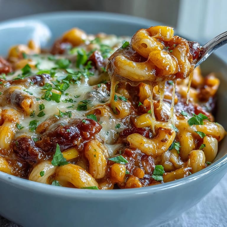 A steaming skillet of One-Pot Tex-Mex Chili Mac, topped with melted cheddar, jalapeños, and sour cream.