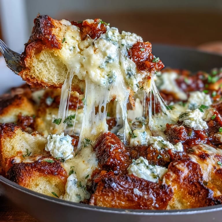 Rustic Cheesy Garlic Bread Lasagna Skillet is served hot, garnished with fresh parsley, ready for a family dinner.