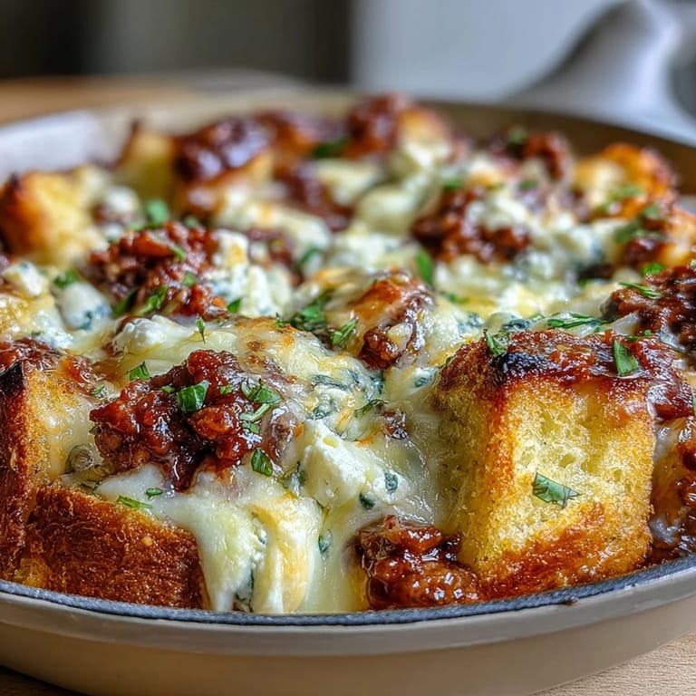 A hearty slice of Cheesy Garlic Bread Lasagna Skillet reveals layers of saucy beef and garlic bread in a skillet.