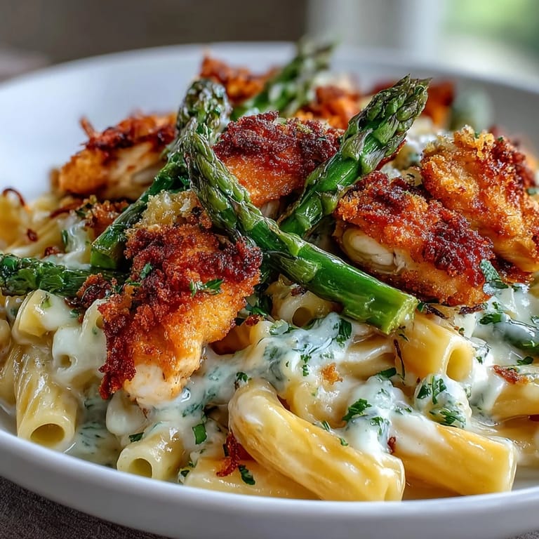 Golden, crunchy baked asparagus spears topped with panko and cheese on Crispy Parmesan Asparagus Chicken Pasta.
