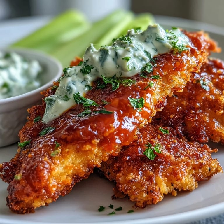 Spicy, saucy Keto Buffalo Ranch Chicken Tenders on a platter with fresh celery, ready for a satisfying low-carb meal.