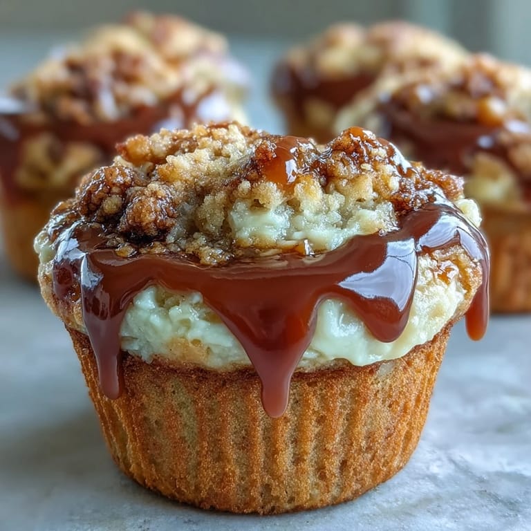 Perfectly swirled Caramel Cream Cheese Swirl Muffins served warm for breakfast with a side of coffee and fresh banana slices.