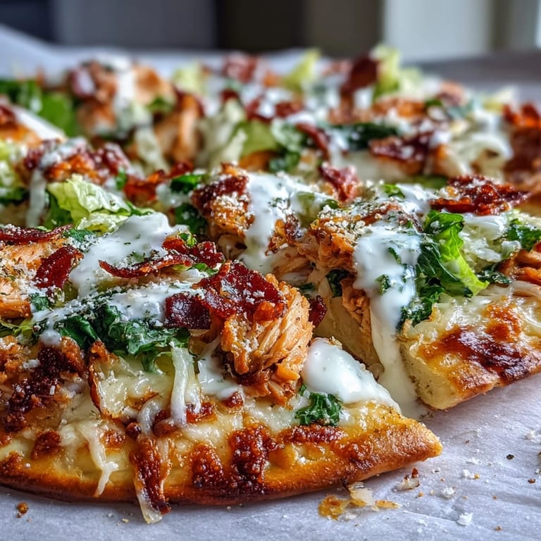Sliced Garlic Naan Chicken Caesar Pizzas on a wooden board, ready to serve for dinner.