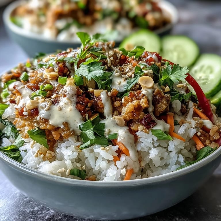 A close-up of Spicy Bang Bang Turkey Rice Bowls with fresh lime wedges, sesame seeds, and vibrant shredded purple cabbage and carrots.