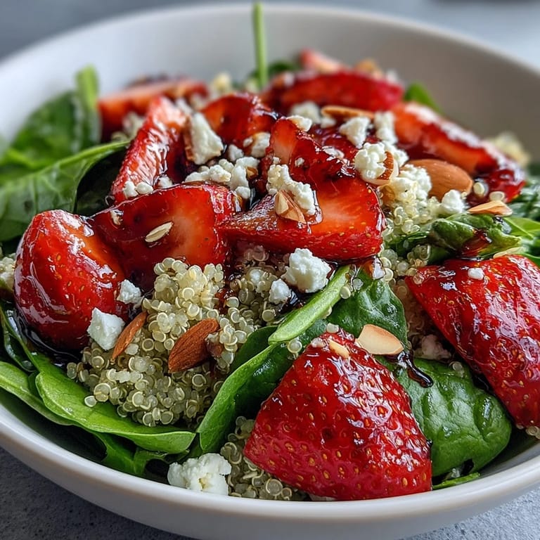This wholesome strawberry spinach quinoa salad combines fresh baby spinach, sweet strawberries, and protein-packed quinoa, finished with a honey-Dijon balsamic vinaigrette for a perfect summer meal.