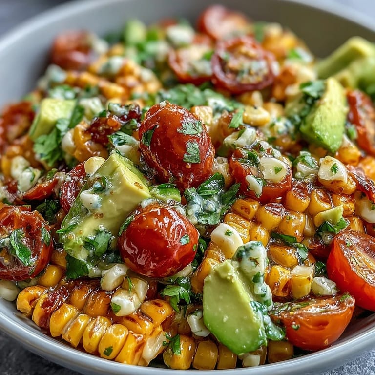 A vibrant summer salad with fresh corn kernels, ripe avocado, cherry tomatoes, and red onion, all drizzled with a tangy lime and olive oil dressing.
