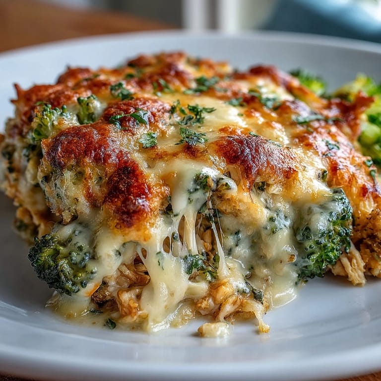 Savory keto casserole featuring shredded chicken, steamed broccoli, and a rich, creamy cheese topping baked to perfection.