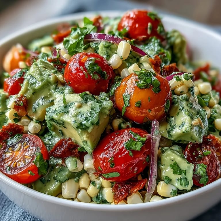 Colorful bowl of corn, tomato, and avocado salad topped with cilantro and dressed in bright lime vinaigrette.  