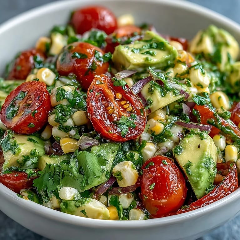 Vibrant summer salad featuring sweet corn kernels, ripe avocado, and cherry tomatoes in tangy lime dressing.