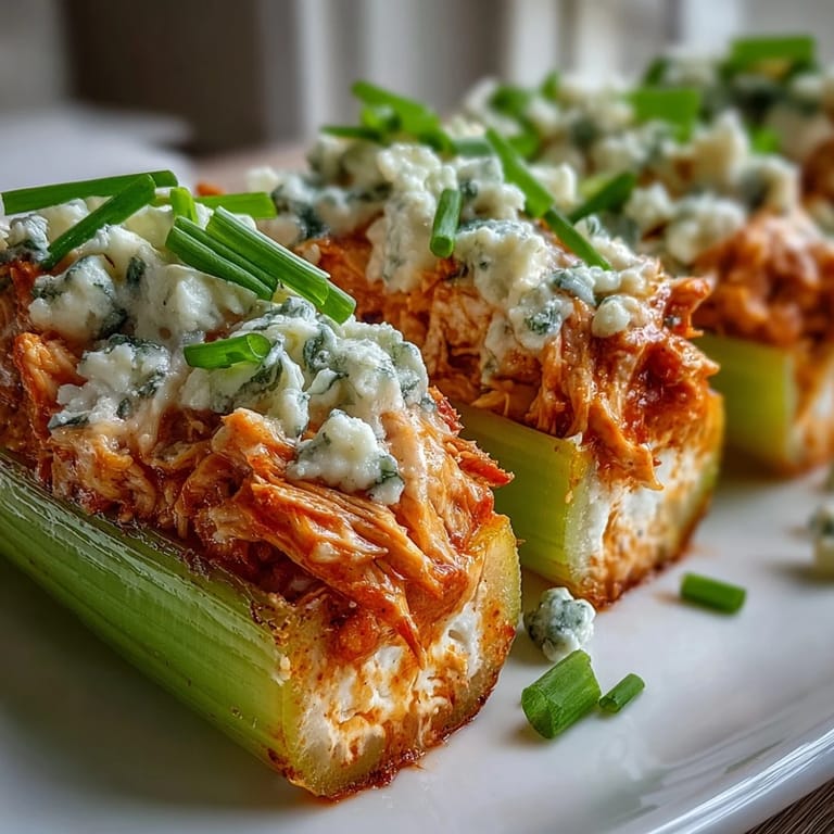 Crunchy celery boats filled with spicy buffalo chicken and creamy blue cheese, perfect keto appetizer.