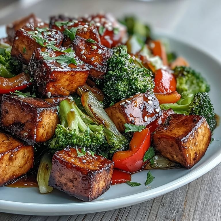 Colorful roasted tofu and crisp vegetables tossed in savory teriyaki glaze, served on a sheet pan for an easy, wholesome vegan dinner with bold Asian-inspired flavors.