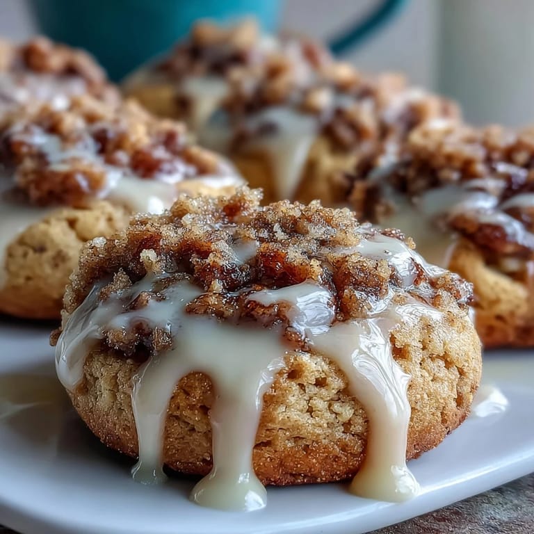 Warm and tender cookies inspired by classic coffee cake, featuring a buttery cinnamon streusel and sweet vanilla drizzle.