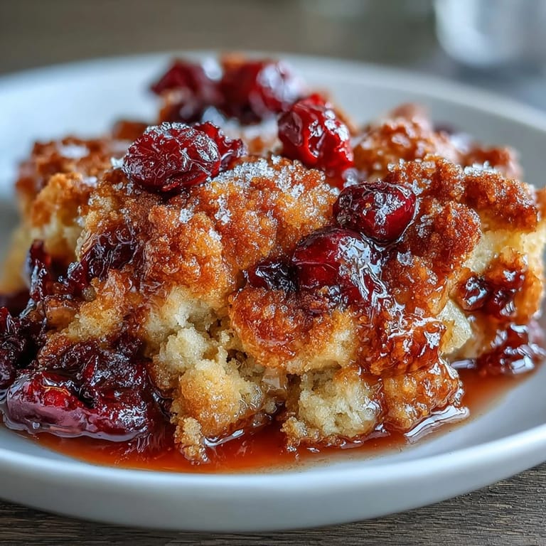 Festive Cranberry Cobbler served with vanilla ice cream, showcasing a crunchy topping and vibrant ruby-red fruit.