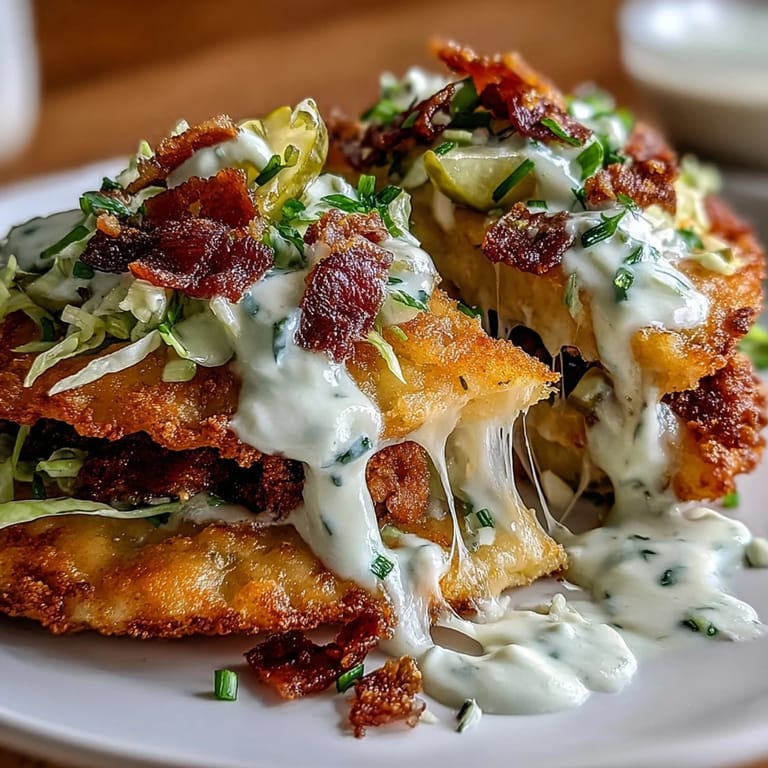 Juicy ground chicken tacos topped with tangy pickles, ranch cottage cheese sauce, and golden crispy cheese crust.  