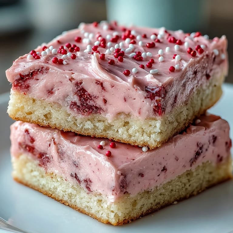 Homemade sugar cookie bars with luscious strawberry frosting, perfect for sharing on Valentine's Day.