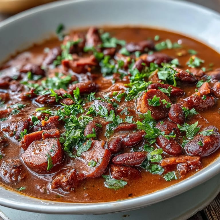 Rich and smoky ham and red bean soup served over fluffy white rice, perfect for a cozy dinner.  