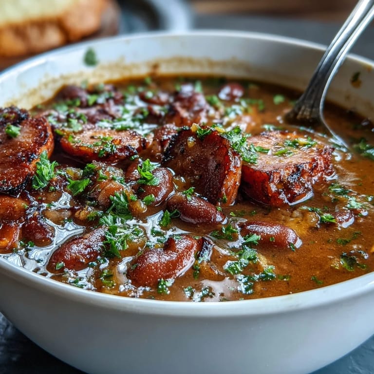 Creamy red beans simmered with tender ham in a flavorful broth, topped with fresh herbs and green onions.