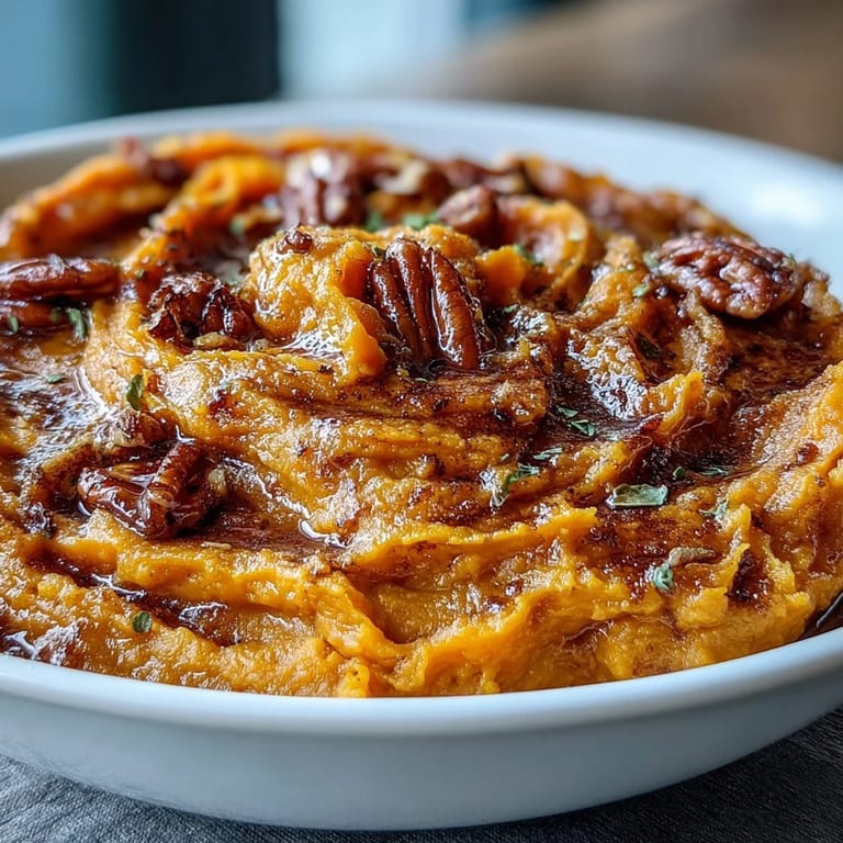 Soft, velvety mashed sweet potatoes mixed with brown sugar, cinnamon, and butter, served warm in a rustic white bowl.