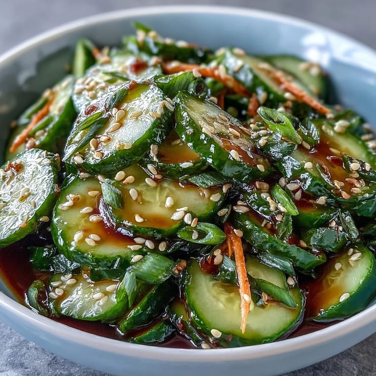 Crunchy cucumber ribbons and julienned carrots drizzled with a savory soy-sesame dressing, garnished with toasted sesame seeds for extra flavor.