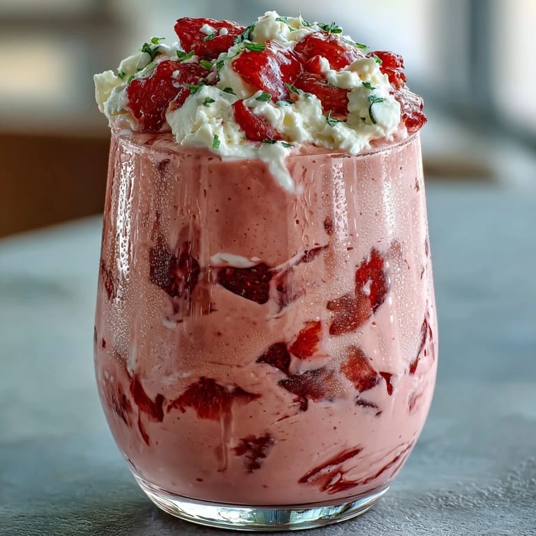 High-protein cottage cheese strawberry smoothie blended with sweet strawberries and honey, ideal for post-workout recovery.  