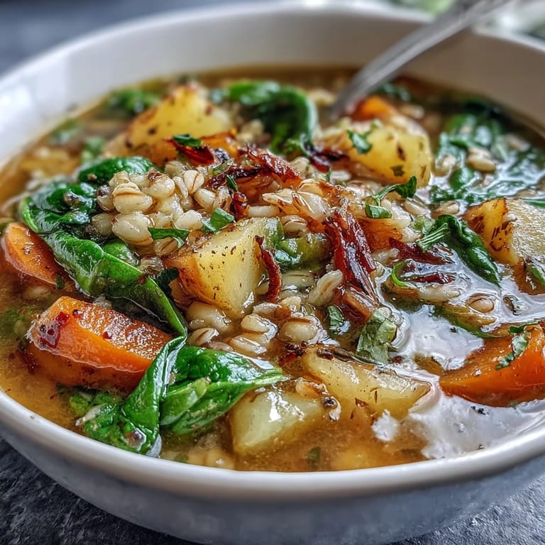 Comforting winter-to-spring vegetable soup with barley, featuring tender parsnips, carrots, and cabbage simmered to perfection for a nourishing meal.