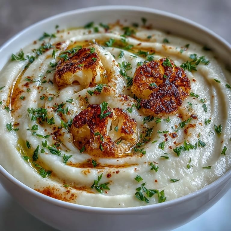 Velvety cauliflower soup with sweet caramelized onions, blended smooth and served steaming hot in a rustic bowl.  