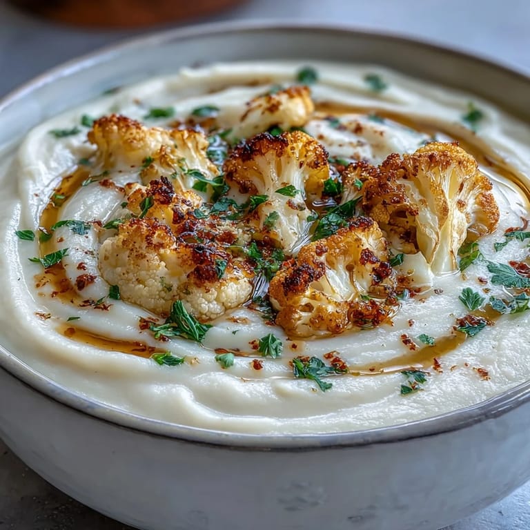 Rich and comforting cauliflower and onion soup, topped with a swirl of cream and fresh herbs for a cozy meal.