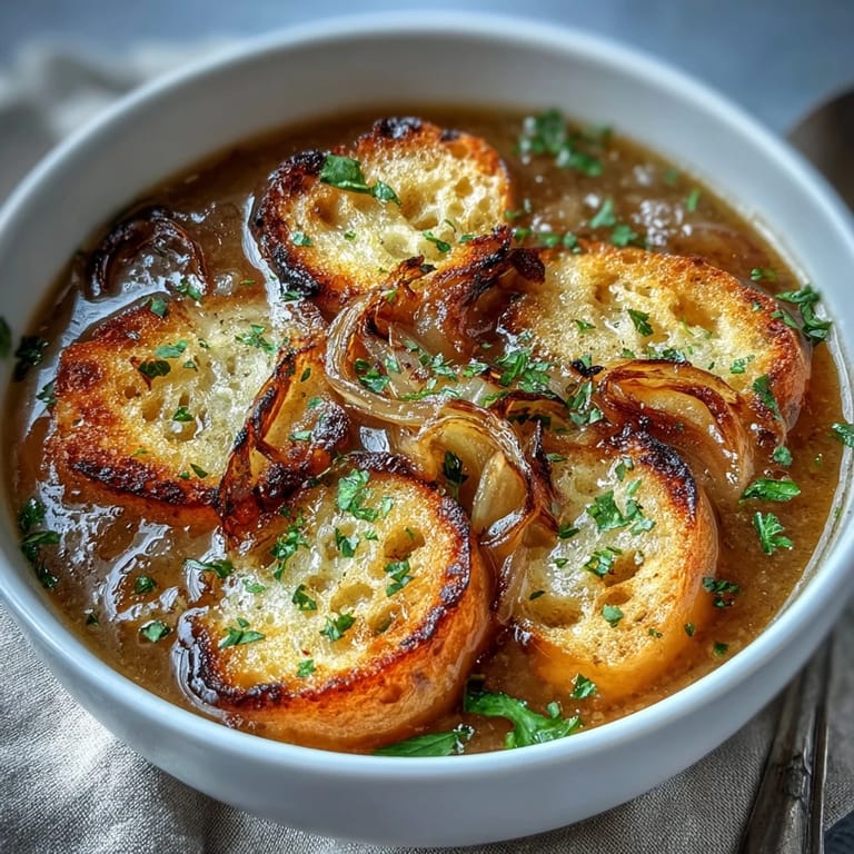 Aromatic French-inspired soup with caramelized onions, roasted garlic, and crispy herb-topped croutons served steaming hot.  