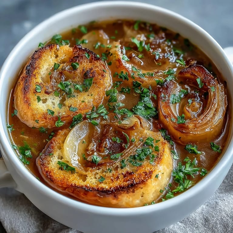 Velvety vegetarian soup featuring slow-roasted garlic, sweet onions, and crunchy herb croutons for a comforting meal.