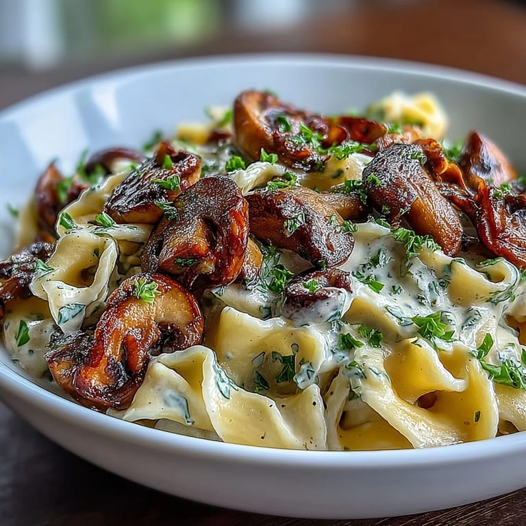 Savory mushroom and onion stroganoff in a rich sour cream sauce, spooned over warm egg noodles.  