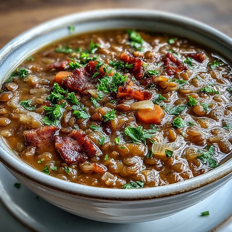 Smoky ham and earthy lentils meld with sweet onions and carrots in this comforting one-pot stew, garnished with fresh parsley and served hot.