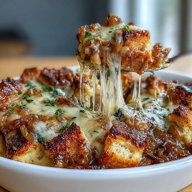 Comforting French onion chicken bake featuring caramelized onions, juicy thighs, and a golden sourdough bread crust in every bite.