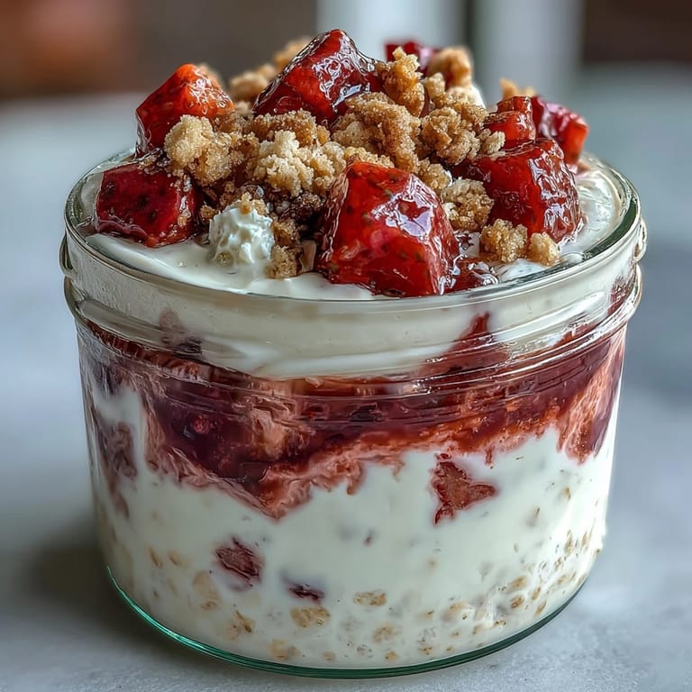 Creamy strawberry cheesecake overnight oats layered with fresh berries and finished with a golden graham cracker crumble, perfect for a make-ahead morning treat.