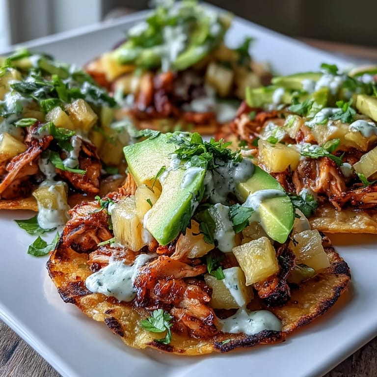 Layered tostadas featuring shredded chicken, refreshing pineapple salsa, and smooth lime crema—perfect for a colorful, satisfying feast.