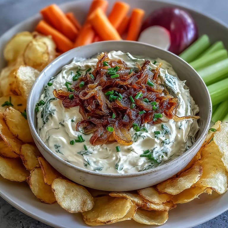 Velvety caramelized onion dip made with Greek yogurt, garnished with fresh chives for a savory appetizer.