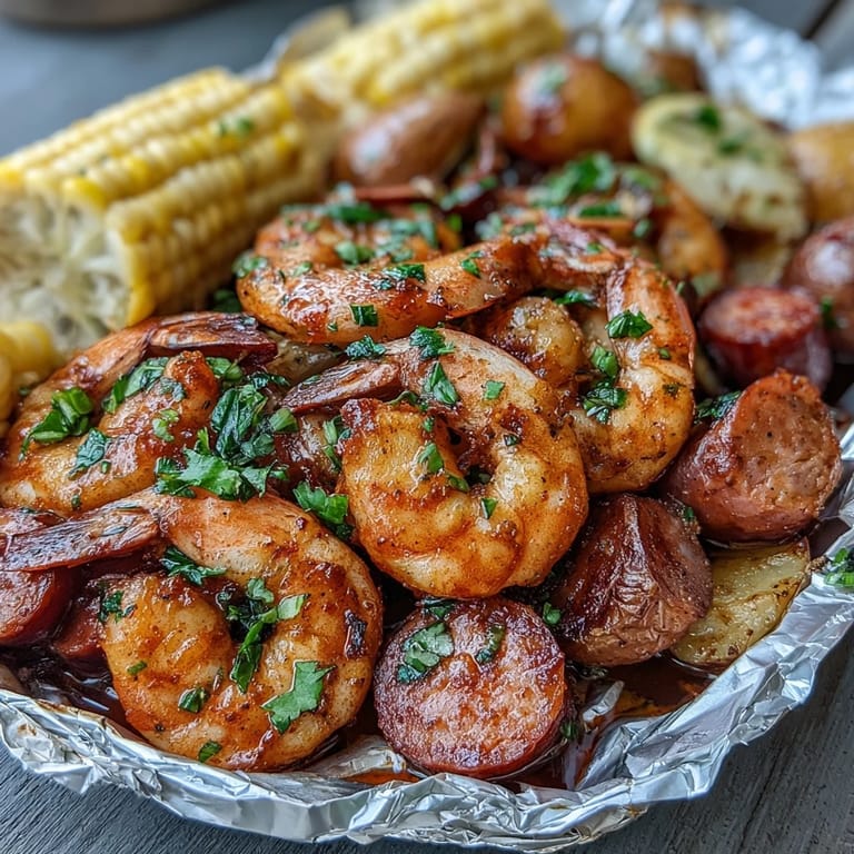 Flavorful Onion Boil Shrimp and Sausage Foil Packets with vibrant veggies, Cajun seasoning, and lemon slices for a hearty meal.