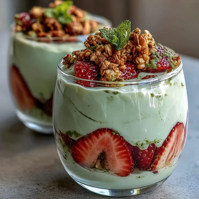 Bright green matcha yogurt parfait layered with juicy strawberries and crispy granola, perfect for a healthy vegetarian treat.